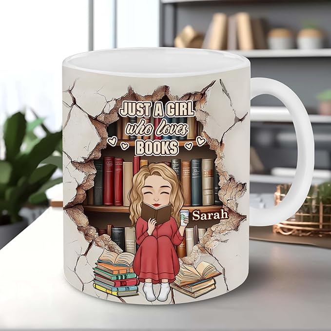 Personalized Book Lover Gifts - Book Lovers Gift For Bookworm, Readers, Librarians, Bookish - Bookshelves Hole In A Wall Mug Custom Avatar - Bookish Gift For Friends, Women, Her