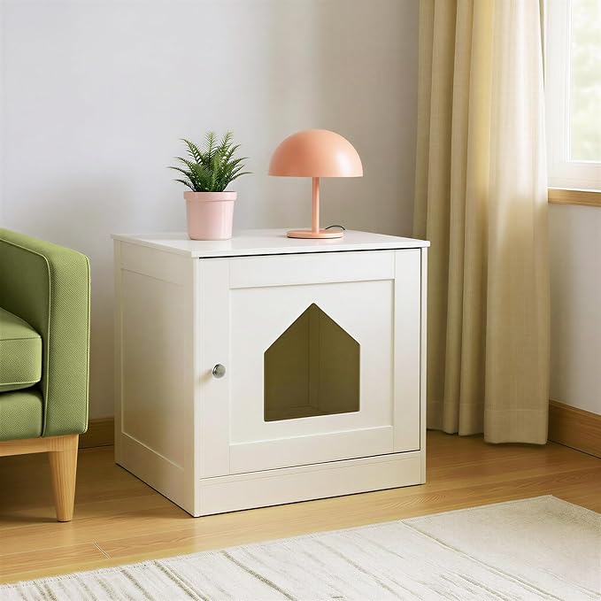 Amazon Basics Cat Litter Box Enclosure, Furniture-Style Cabinet with Drawer and Shelves, Hidden Cat Litter Box, White