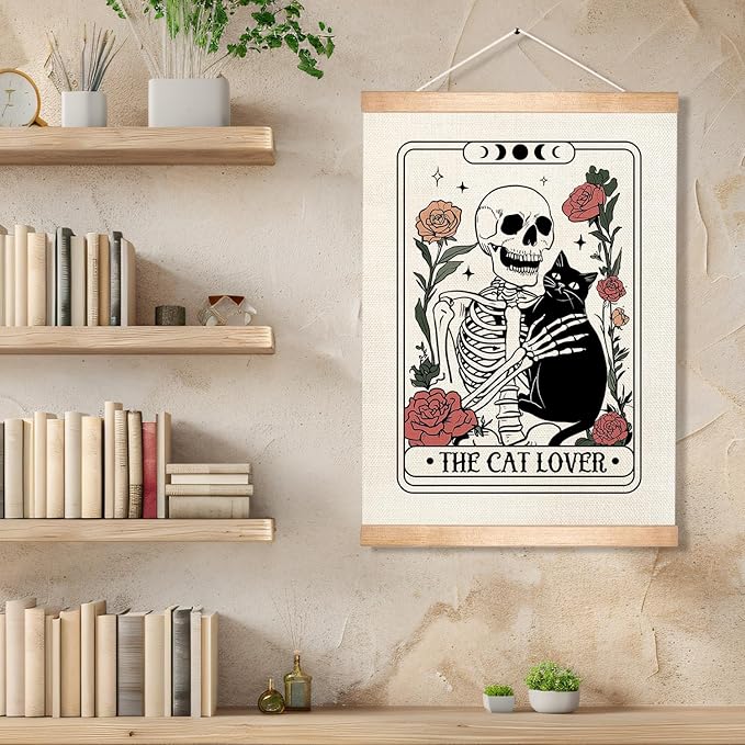 HEYJEEPER The Cat Lover Tarot Card Wall Art Decor,14x18inch Retro Skeleton and Cats Linen Wall Hanging Poster with Wood Hanger,Funny Gift for Cat Lovers,or Pet Shop(Cat01)