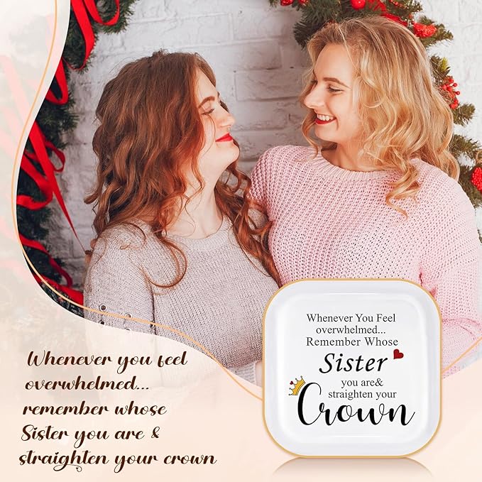 PUDDING CABIN Sister Birthday Gift Jewelry Dish – Remember Whose Sister You Are & Straighten Your Crown – Inspirational Trinket Tray for Big or Little Sister Mother’s Day Christmas Graduation Present