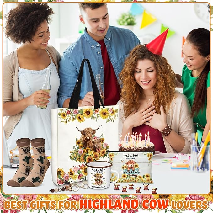 Highland Cow Lover Gifts for Women Birthday Gifts Baskets Set Include Canvas Tote Bag, Makeup Bag, Socks, Keychain, Enamel Mug, Small Figurines for Mom, Wife, Sister, Friend