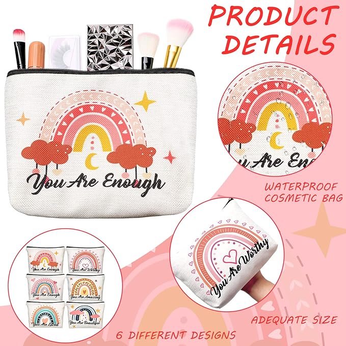 Chengu 6 Pcs Big Canvas Rainbow Heart Cosmetic Bags, 10 x 7.5 inch Inspirational Gifts for Women Motivational Quotes Makeup Bag for Women Girls Birthday Friend Teacher Graduation Gift (Sweet)