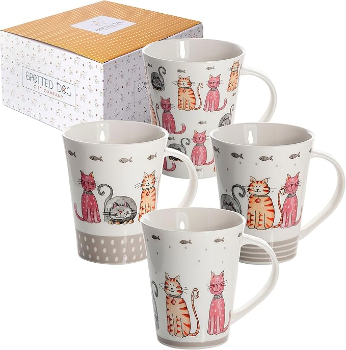 SPOTTED DOG GIFT COMPANY Cat Mugs, 12.2 oz Coffee Mug Set of 4, Happy Cats Themed Ceramic Tea Cups, Microwave & Dishwasher Safe, Cute Cat Gifts for Women and Animal Lovers