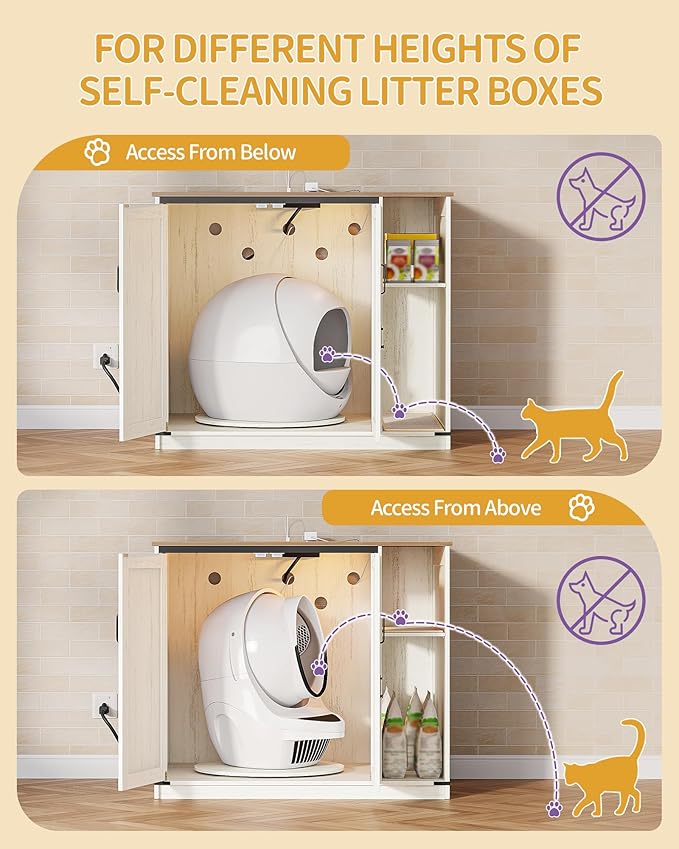 Extra Large Cat Litter Box Enclosure, Hidden Self-Cleaning Litter Box Furniture with Rotating Stand, Farmhouse Cat Cabinet with Power Outlet & Light, Cats House, Rustic White CB86414XV1