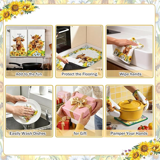 10 PCS Highland Cow Decor Kitchen Accessories - Sets 4 Dish Towels 2 Pot Holders 2 Oven Mitts 2 Rugs for Home Sweet Home Sunflower Cattle Bathroom Cooking Farmhome Housewarming Baking Gifts