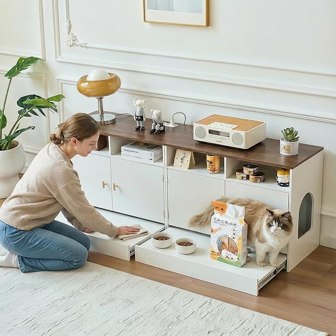 Double Cat Litter Box Enclosure for 2 Cats, 63" Wooden Hidden Cat Litter Box Furniture with Power Outlet, Sliding Bottom Easy Clean, Cat House TV Stand, Walnut