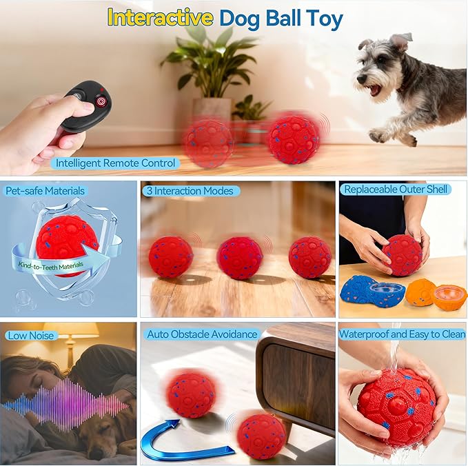 Newget Interactive Dog Toy Ball with Remote, 3 Modes Smart Moving Dog Balls with Touch Wake-Up, Automatic Bouncing/Rolling Chew-Resistant for Medium & Large Dogs to Keep Busy, Indoor/Outdoor