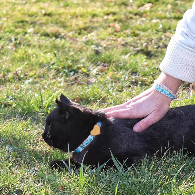 Pettsie Breakaway Cat Collar with Wooden Heart Charm & Matching Owner Bracelet – Soft Cotton, Adjustable Safety Collar for Cats, Lightweight & Stylish, 8"-11", Gift-Ready Set for Cat Lovers, Turquoise