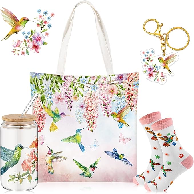 Paterr 4 Pcs Hummingbird Gifts for Women, Hummingbird Lover Gifts for Valentine's Day Birthday Mother's Day Decorations, with Canvas Tote Bag 16oz Glass Coffee Cup with Straw Cute Keychain Socks