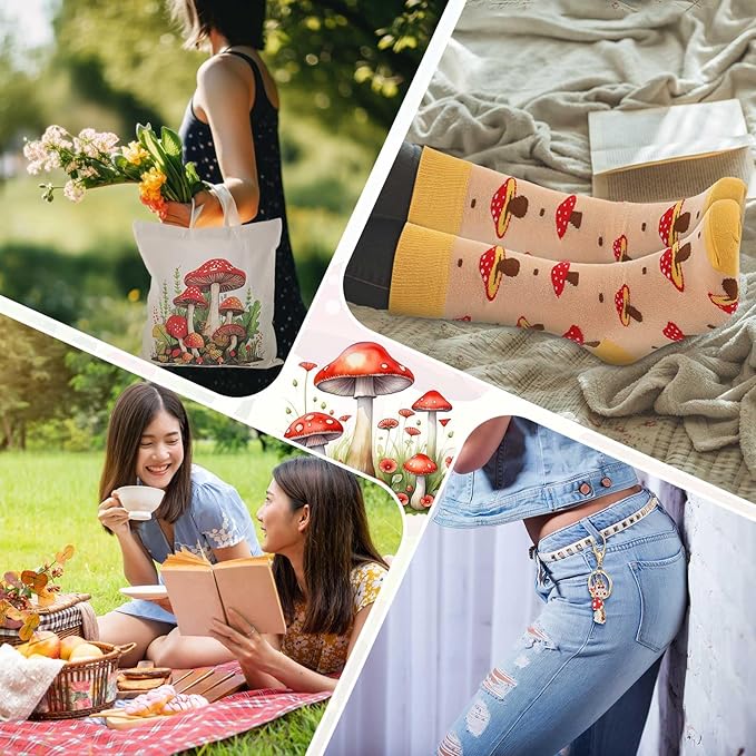 Paterr 4 Pcs Mushroom Gifts for Women Mushroom Lover Gift for Mother's Day Birthday Decorations, with Canvas Tote Bag 16oz Glass Coffee Cup with Straw Socks Cute Keychain