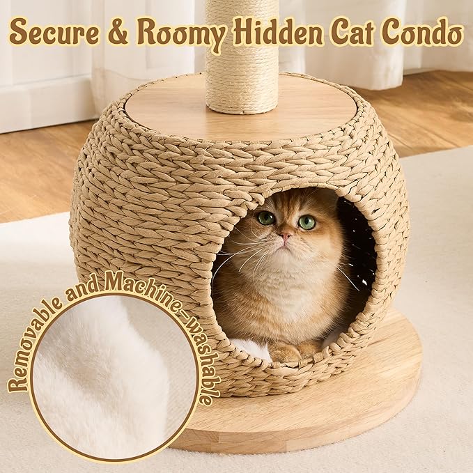 30" Modern Cat Tree Tower for Indoor Cats, Aesthetic Rattan Cat Furniture with Handwoven Wicker Cat Bed Cave, Ultra-Soft & Washable Cushions, Natural Sisal Scratching Post and Solid Wood Base