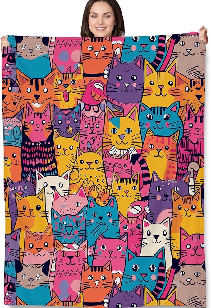 Colorful Cat Blanket Gifts - Funny Cat Soft Fleece Throw Blankets - Perfect for Cat Lovers, Kids, and Cozy Home Decor - 60x80 Inches