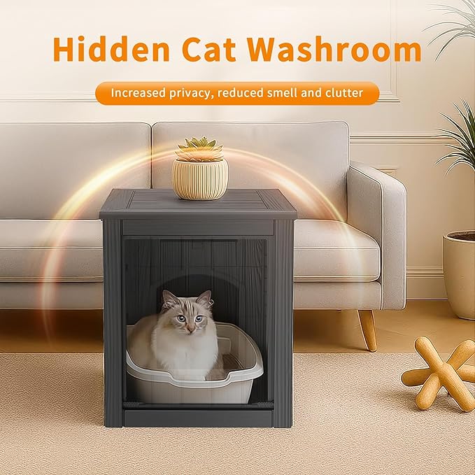 Cat Litter Box Enclosure, Plastic Hidden Litter Box Side Table with Openable Front Door, Cat Box Enclosure Cabinet for Indoor & Outdoor Use, Weatherproof, Easy to Clean & Assemble, Black
