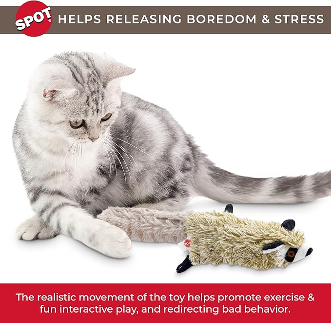 SPOT Flippin’ Skinneeez Raccoon Cat Toy with Catnip – Realistic Flopping Design, Touch-Activated Movement and Sounds, USB Rechargeable, Perfect for Indoor Cats, 15-Inch
