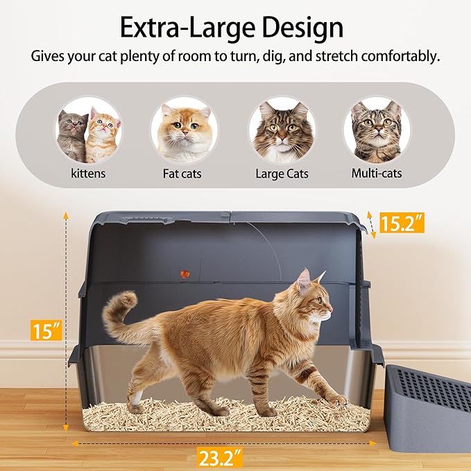 XL Stainless Steel Cat Litter Box with ABS Enclosed Lid, 180° Flip-Top Design, High Sided Leak-Proof Pan, Charcoal Odor Control Filter, Easy Clean for Large & Multi-Cat Homes