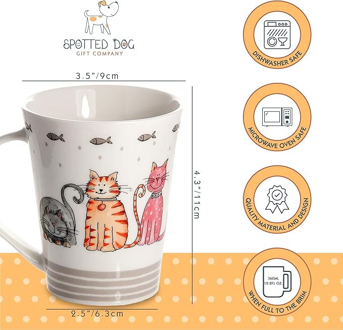 SPOTTED DOG GIFT COMPANY Cat Mugs, 12.2 oz Coffee Mug Set of 4, Happy Cats Themed Ceramic Tea Cups, Microwave & Dishwasher Safe, Cute Cat Gifts for Women and Animal Lovers