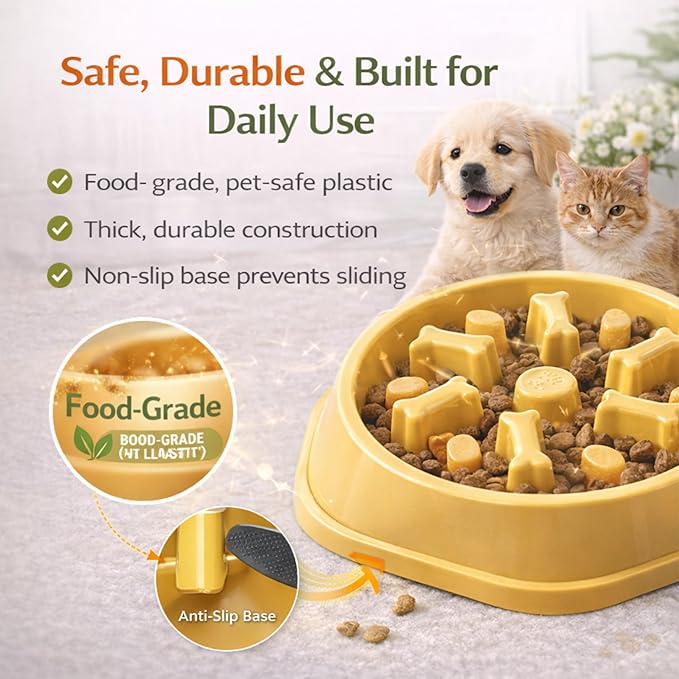 Slow Feeder Bowl for Small & Medium Cats & Dogs - Durable Slow Feeding Bowl with Non-Slip Base -Anti-Choking Puzzle Food Bowl for Dogs That Helps Mental Stimulation & Reduces Fast Eating-Yellow
