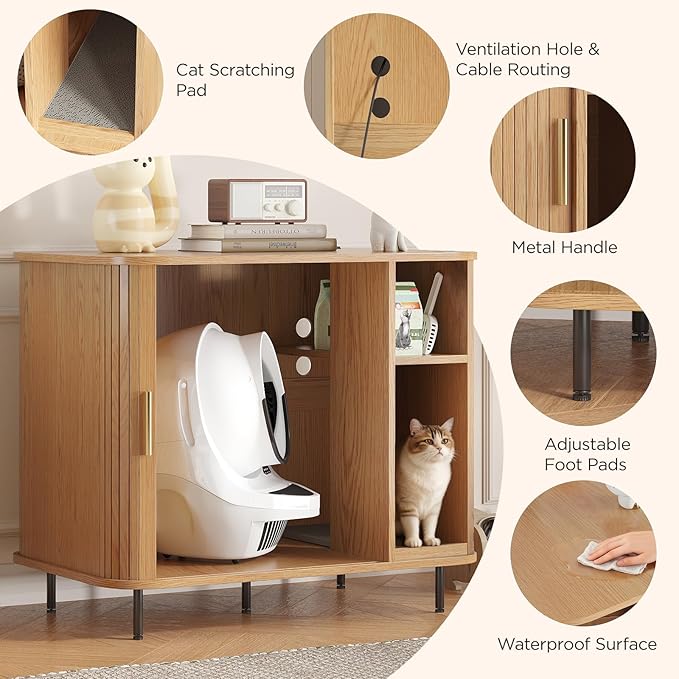 Large Litter Box Enclosure with Charging Station for Automatic Litter Box & Cat Robot 3/4, Hidden Litter Box Furniture with Dog-Proof Shelf, Scratch Pad, Wooden Cat Box Enclosure, Natural