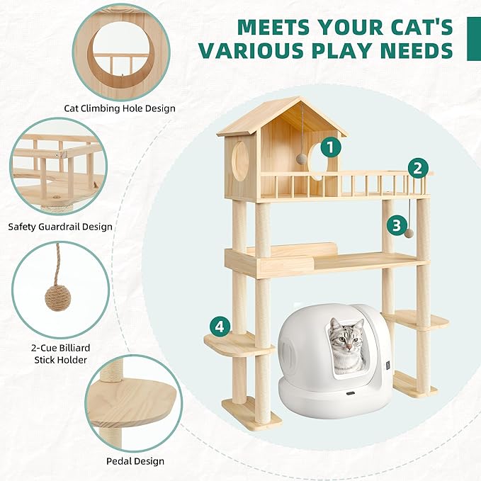 Wood Cat Tower for Automatic Litter Box, 60.2" H Tall Cat Tree for Self Cleaning Litter Box, Multi-Level Solid Wood Cat Tree Tower Cat Furniture w/Scratching Post, House, Burlywood
