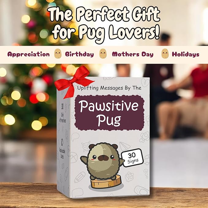 Pug Gifts for Pug Lovers - Tiny Positive Crochet Animal with 30 Uplifting Signs for Dog Owners - Funny and Cute Emotional Support Presents Idea for Mothers Day - Dog Mom Gift for Women Birthday