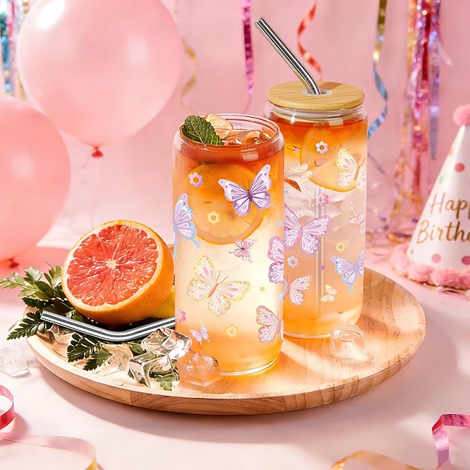 Joeyan Glass Cups with Lids and Straws - 20oz Iced Coffee Cup, Cute Pastel Butterfly Floral Glass Tumbler, Drinking Glasses for Smoothie Boba Tea, Birthday Mothers Day Gift for Women, Mom, Friend
