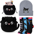 Cutecrop 7 Pcs Christmas Black Cat Gifts for Women Christmas Kitten Gift Sets for Women Black Cat Beanie Winter Hats Socks Kitten Drawstring Makeup Bag Animal Lover Presents for Mom Wife Coworker