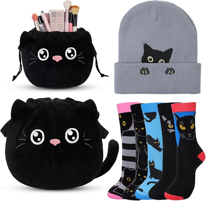 Cutecrop 7 Pcs Christmas Black Cat Gifts for Women Christmas Kitten Gift Sets for Women Black Cat Beanie Winter Hats Socks Kitten Drawstring Makeup Bag Animal Lover Presents for Mom Wife Coworker
