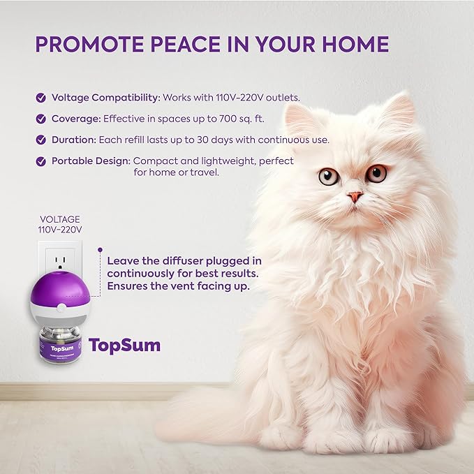TopSum Cat Calming Pheromone Diffuser: Feline Pheromones Plug in for Stress, Along At Home, Spraying, Fighting, Scratching, Aggression & Excessive Meowing (Purple– 4 Refills Original)