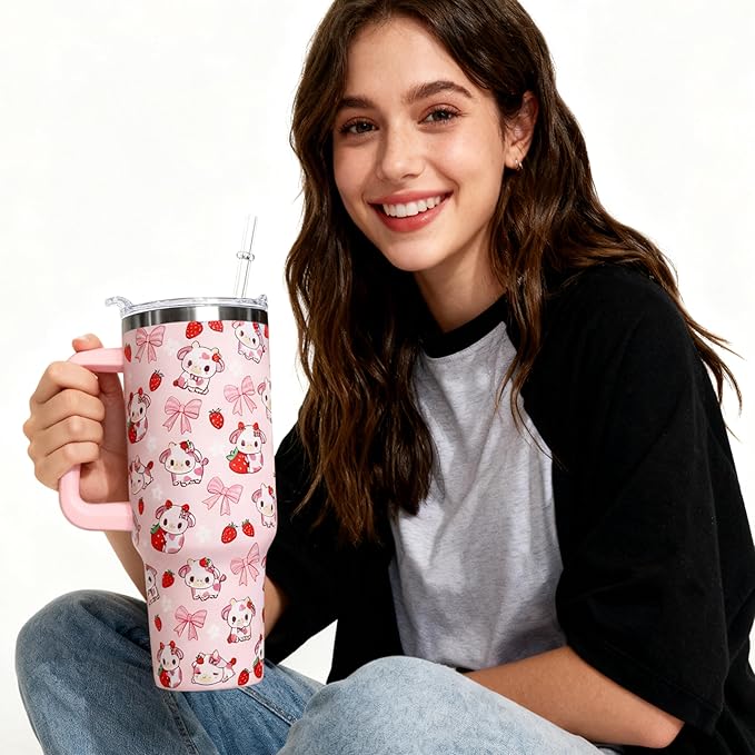 Ceovfoi 40 Oz Strawberry Cow Tumbler With Handle,Cow Print Coffee Travel Mug Cup Water Bottle,Strawberry Decor, Cow Print Gifts for Women