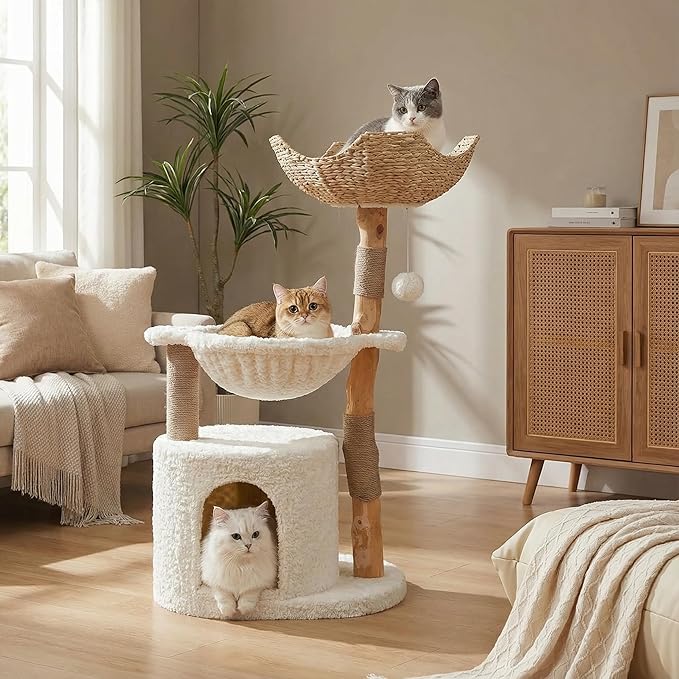 MUTTROS Modern Cat Tree for Large Cats, Wood Cat Tower for Indoor Cats, Real Branch Luxury Cat Furniture with Super Large Cozy Condo and Hammock & Scratching Post, Top Basket, White