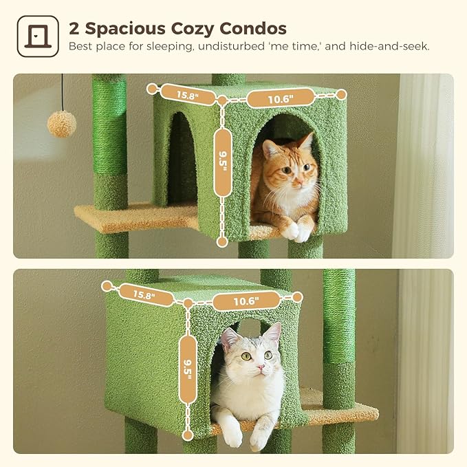 MUTTROS Cactus Cat Tree, 62-Inch Tall Multi-Level Cat Tower with Scratching Posts, Cat Condos for Large Indoor Cats, Plush Cat Bed w/Padded Perches, Scratching Pad & 2 Green Pompoms, Green