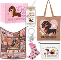 Paterr 6 Pcs Dachshund Lover Gifts for Women, Weiner Dog Gifts Canvas Tote Bag Makeup Bag Print Blanket Socks 16oz Glass Coffee Cup with Straw Cute Keychain for Mother's Day Birthday Girls Daughters