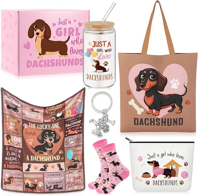 Paterr 6 Pcs Dachshund Lover Gifts for Women, Weiner Dog Gifts Canvas Tote Bag Makeup Bag Print Blanket Socks 16oz Glass Coffee Cup with Straw Cute Keychain for Mother's Day Birthday Girls Daughters