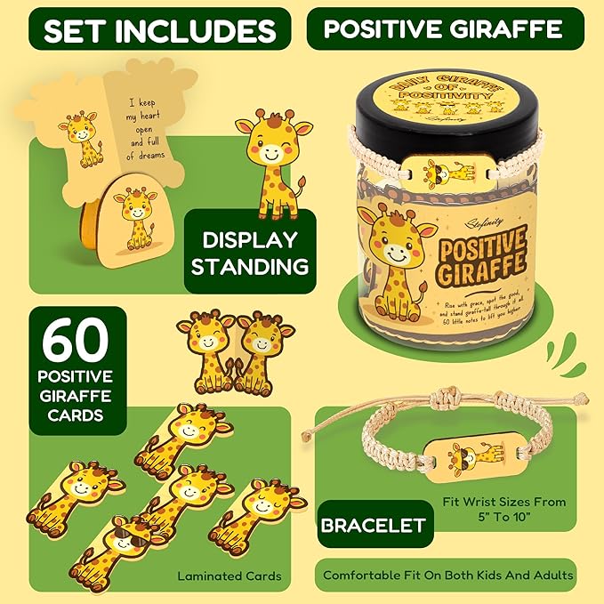 Stofinity Positive Giraffe Gifts For Women - Motivational Affirmation Jar With 60 Affirmation Cards For Women, Inspirational Quotes Cool Friend Birthday Gifts Ideas, Cute Giraffe Desk Accessories