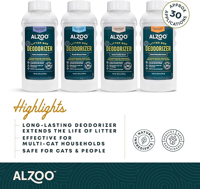 ALZOO Cat Litter Deodorizer, Concentrated Granules Absorb & Help Neutralize Odors, 100% Plant-Based Active Ingredients, Up To 30 Uses, Island Paradise Scent, 26.6 Oz.