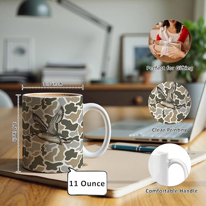 Mallard Duck Camo Mug 11 oz, Mallard Duck Hunting Gifts Coffee Cups Ceramic, Wildlife Ducks Lover Gifts Ceramic Mug for Coffee Tea Hot Cocoa Home Office Work