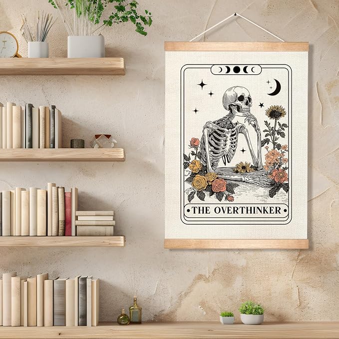 HEYJEEPER The Overthinker Tarot Card Wall Art,Skeleton and Floral for Witch Room Decor,Humorous Wall Hanging Linen Print Poster for Bedroom,Library, Study room 14x18inch(The Overthinker)