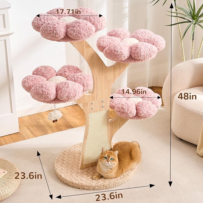 HITTITE Flower Cat Tree with Scratching Post, 48 Inches Cute Cat Tower with Wooden Branch Design, Aesthetic Modern Cat Climbing Tower with Flower Perches and Hanging Toy for Indoor Cats Large Adult.