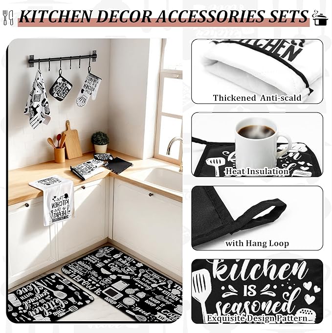 10 PCS Farmhouse Kitchen Decor Sets 4 Black White Kitchen Dish Towels 2 Oven Mitts 2 Pot Holders 2 Rugs Mats Rustic Decorations Accessories for Cooking Baking Bathroom Home Housewarming Camp Mom Gift