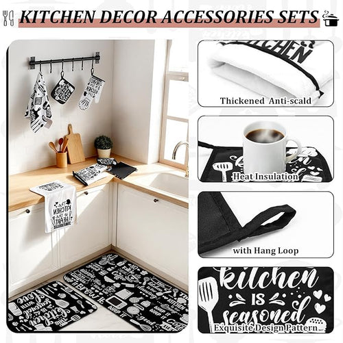 10 PCS Farmhouse Kitchen Decor Sets 4 Black White Kitchen Dish Towels 2 Oven Mitts 2 Pot Holders 2 Rugs Mats Rustic Decorations Accessories for Cooking Baking Bathroom Home Housewarming Camp Mom Gift