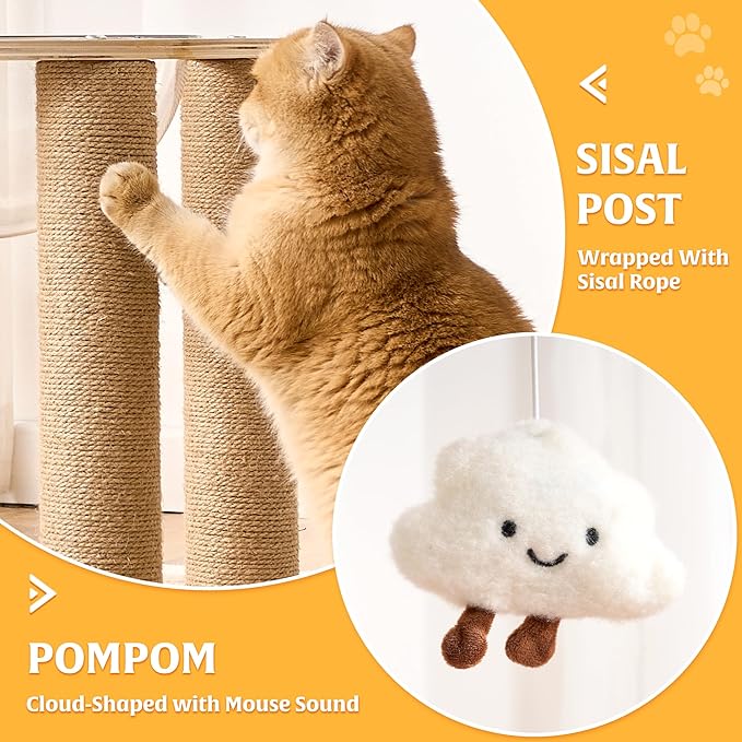 HITTITE Flower Cat Tree with Scratching Post, 36 Inches Cute Cat Tower with Wooden Branch Design, Modern Cat Climbing Tower with Flower Perches and Space Capsule for Indoor Cats Large Adult. White