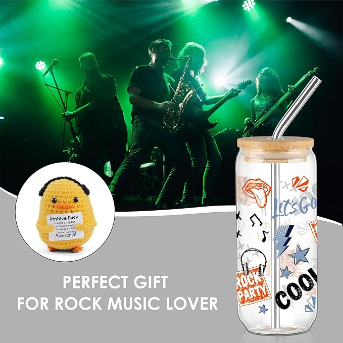 Joeyan Glass Cup with Lid and Straw, 20oz Iced Coffee Cup with Positive Crochet Duck Doll, Rock Party & Game Themed Glass Tumbler for Smoothie Boba Tea, Cool Gamer Gift for Men Boyfriend Son Gamers