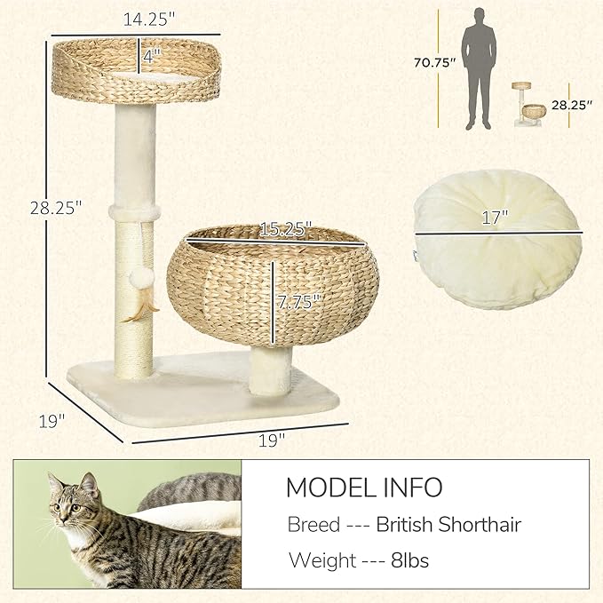 PawHut 28" Elevated Cat Bed with Sisal Scratching Post for Indoor Kitties, Modern Cat Tree with Cute Basket Design, Small Cat Tree with Fun Ball Toy