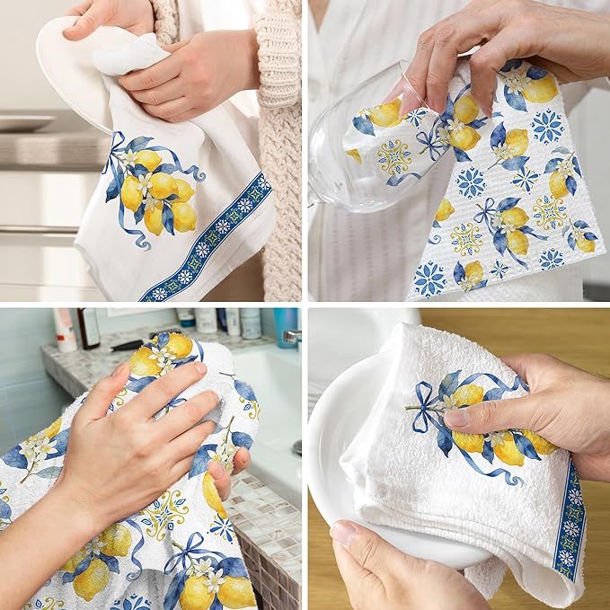 Hexagram Lemon Kitchen Towels Set of 2, Lemon Decor Gifts for Women, Funny Cute Housewarming Dish Hand Towels for Home Kitchen Decor