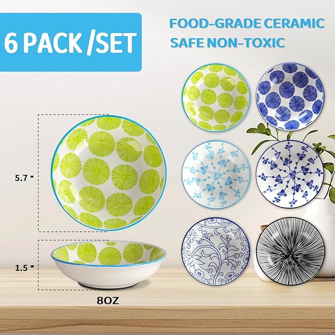 Ceramic Cat Bowls with Non-Slip Silicone Bottom,Prevent Whisker Fatigue,Reduce Mess,Wide Cat Bowls for Indoor Cats,6 Colorful Set for Daily Feeding Gift Choice (Classic)