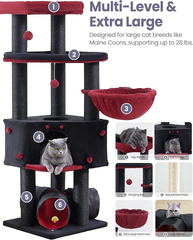 Cat Tree Tower for Large Cats Adult - 60 Inch XXL Sturdy Heavy Duty Extra Wide Scratching Posts (φ4.4in) Condo - Indoor Big Cat House Hammock Perch - XL Wood Multi Level Feline Pet Bed Trees Houses