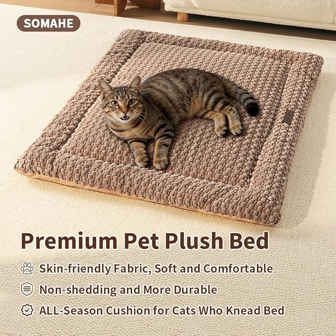 SOMAHE Plush Cat Kneading Bed Mat, Premium Plush Fabric Bed with Non-Slip Bottom, 3cm Thick All-Season Cushion for Cats Who Knead, Machine Washable Anti-Static Pet Bed, 23x15 Inch, Coffee