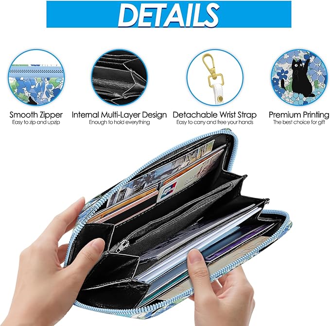 Womens Wallet, Black Cats Wristlet Wallet For Women, Blue Flowers Credit Card Holder Purse With Zipper, Birthday Christmas Graduation Gifts For Women Mom, Travel Office Daily Purse