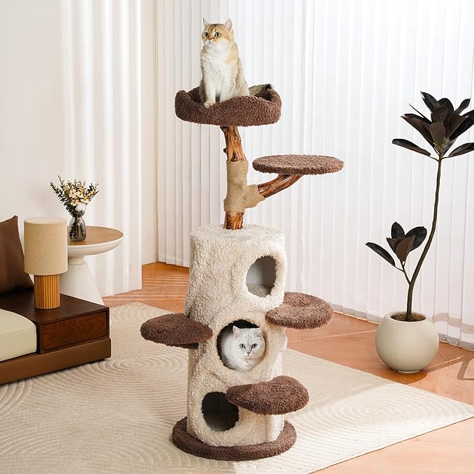 Modern Cat Tree for Indoor Cats,54.7'' Tall Luxury Treehouse Cat Tower with Wood Scratching Posts for Decoration,3 Level Condo with Soft Perchs,Viewing Bed,Heavy Duty Wide Base for Small Large Cats