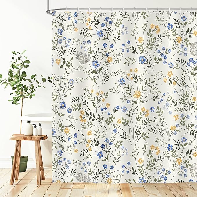 Country Wildflower Cute Shower Curtain,Blue and Yellow Floral Green Leaf Plant Spring Summer Botanical Plant Pattern, Waterproof Polyester Washable Bath Curtains with 12 Hooks,72 x 72 Inches